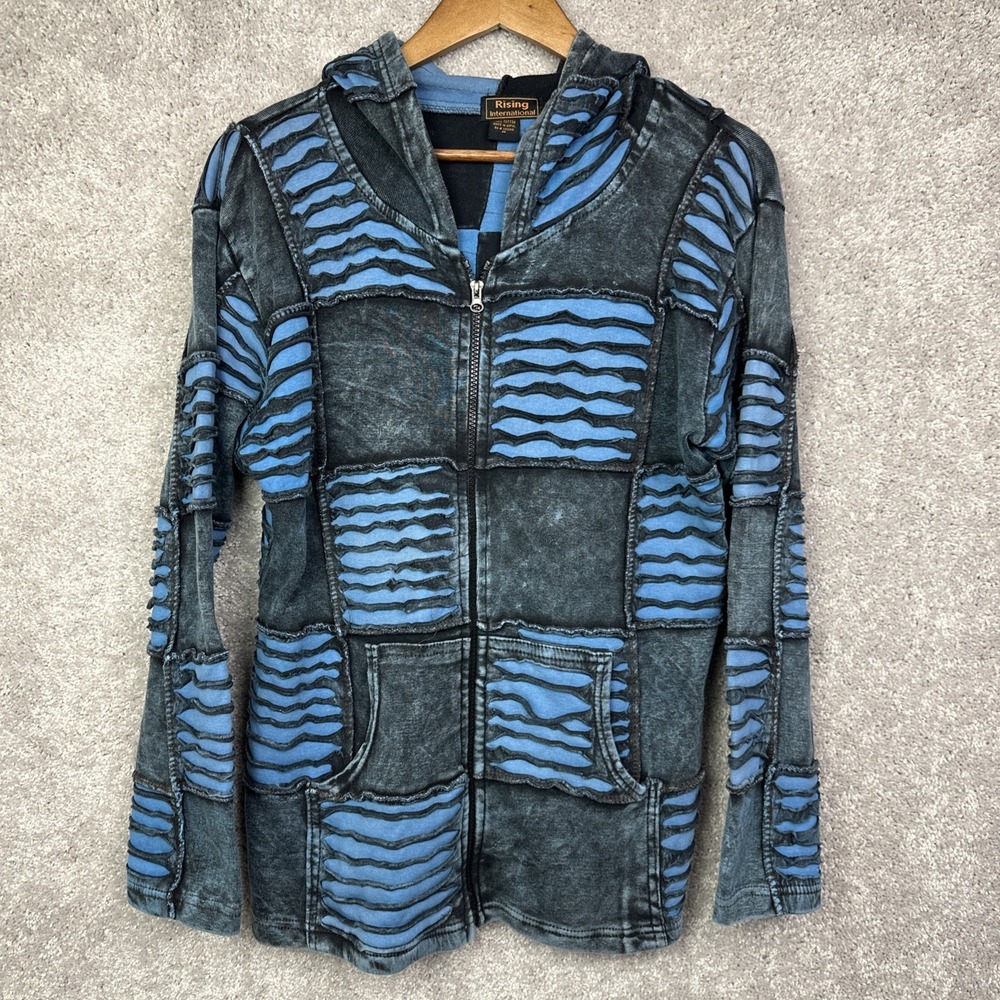 Rising International Handmade Patchwork Hoodie Black & Blue Boho Zip-Up‎ Medium